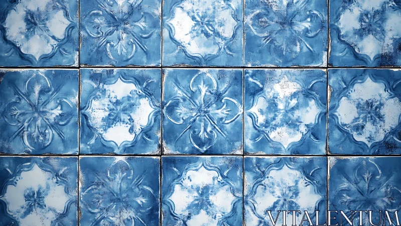 Blue ceramic wall tiles with repeating embossed pattern.