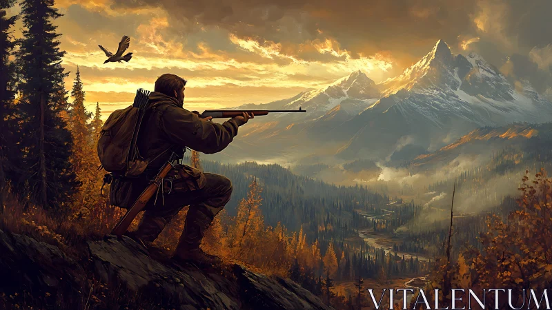 Backlit mountain hunter aims rifle across misted conifer valley