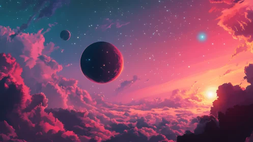 Soft cosmic sunrise drifting through cotton candy clouds.