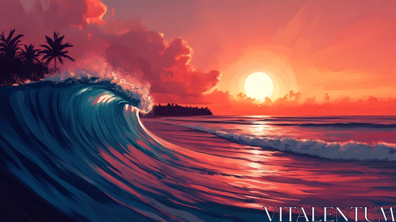 Cresting tropical wave under saturated magenta sunset sky