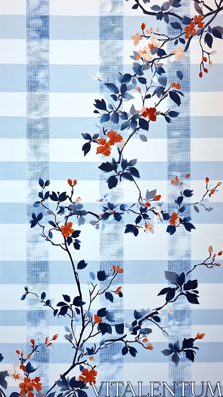 Floral branch silhouette over blue plaid geometric background.