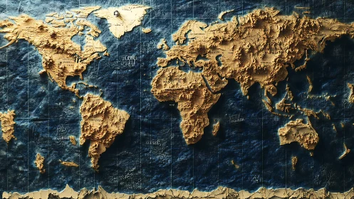Textured 3D relief world map with tactile topographic detailing.