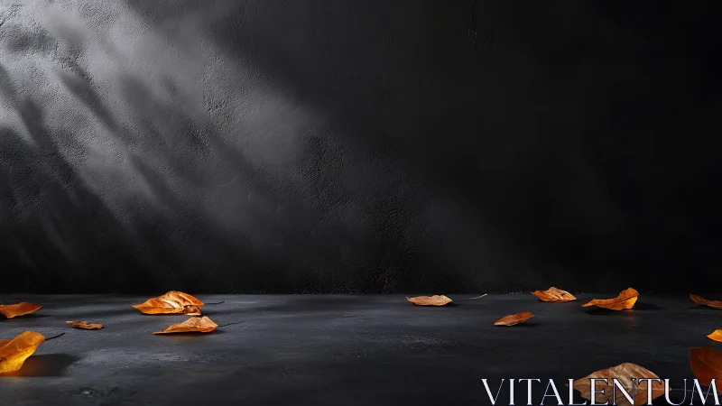 Low key studio backdrop with scattered dry autumn leaves on slate
