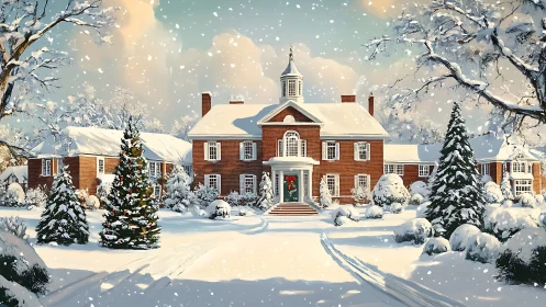 Snowy colonial mansion with festive Christmas wreaths.