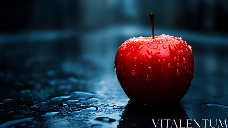 Red apple glows under cool cinematic rim lighting.