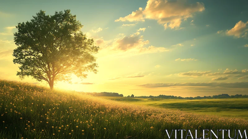 Sunlit solitary tree stands over sloping meadow at sunset