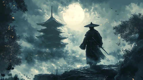 Moonlit ronin silhouette facing mist-shrouded pagoda temple