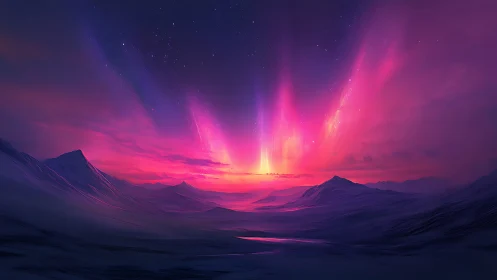 Radiant aurora over silent alien ice valley at dusk.