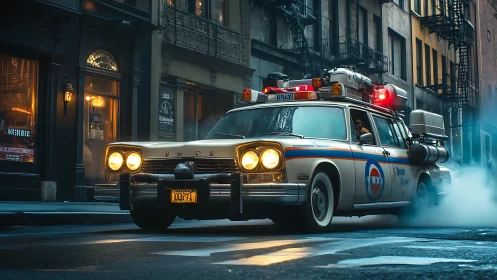 Retro emergency wagon with roof gear in misty urban street