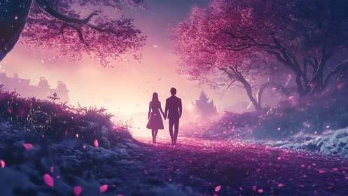 Couple Walking Through Enchanted Pink Forest At Twilight.