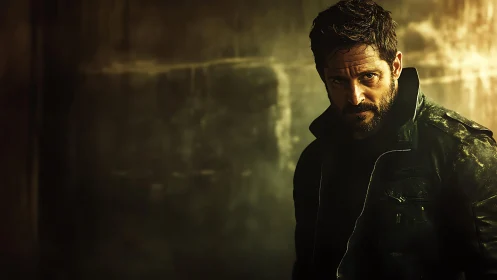 Portrait shows man in dark jacket against textured wall