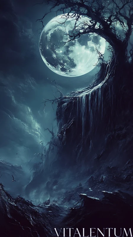 Lunar chasm under twisted barren tree in cyan moonlight.