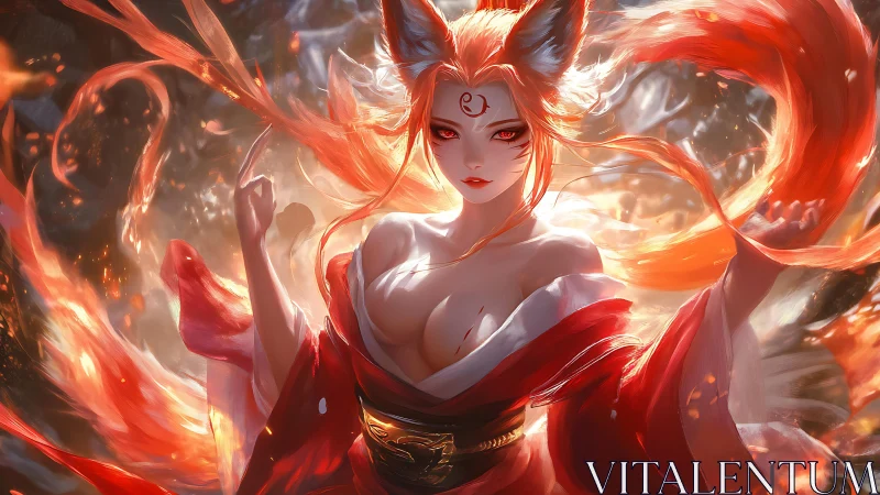 Fox-eared sorceress in red kimono amid swirling flames.