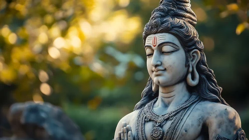 Peaceful stone deity statue bathed in gentle golden light.