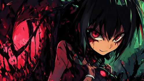 Fierce anime heroine glowing with dark red power and intent.