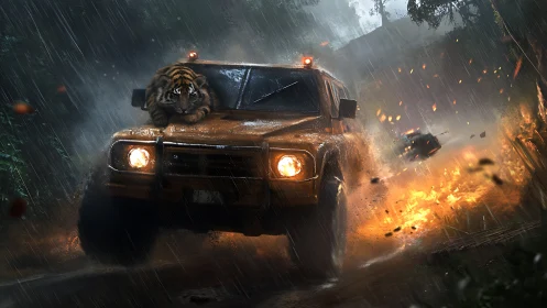 Tiger lies on speeding off-road truck in heavy jungle rain