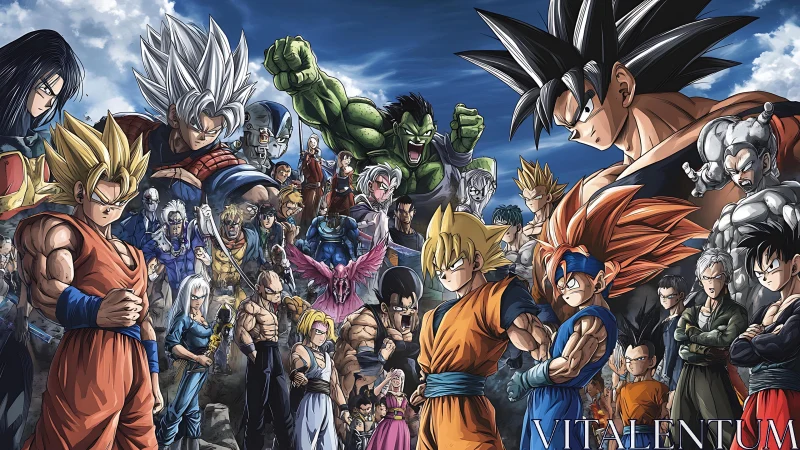 Large group of muscular anime fighters posed in battle-ready stances