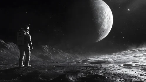 Solitary astronaut gazes at looming moonlit planet horizon.