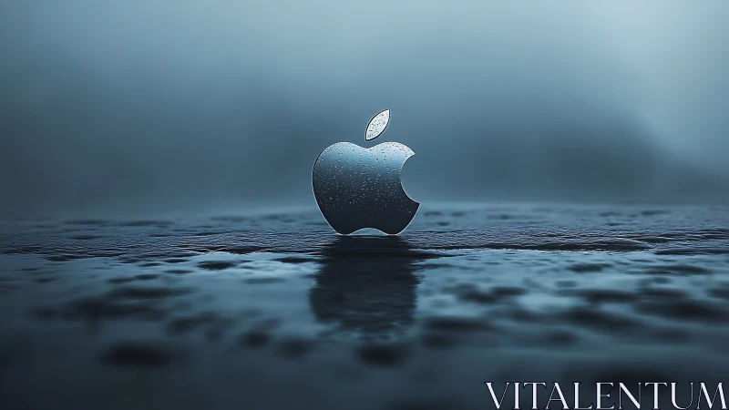 Chrome apple logo rises from misty wet surface. Period.