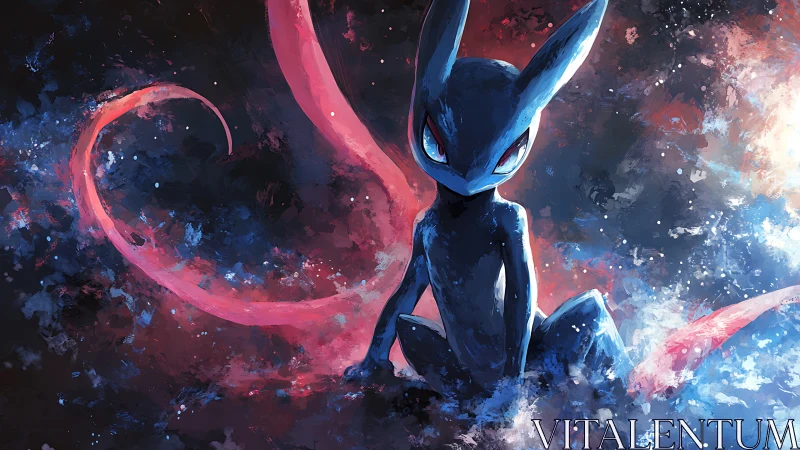 Cosmic trickster creature poised amid swirling starlit storms.