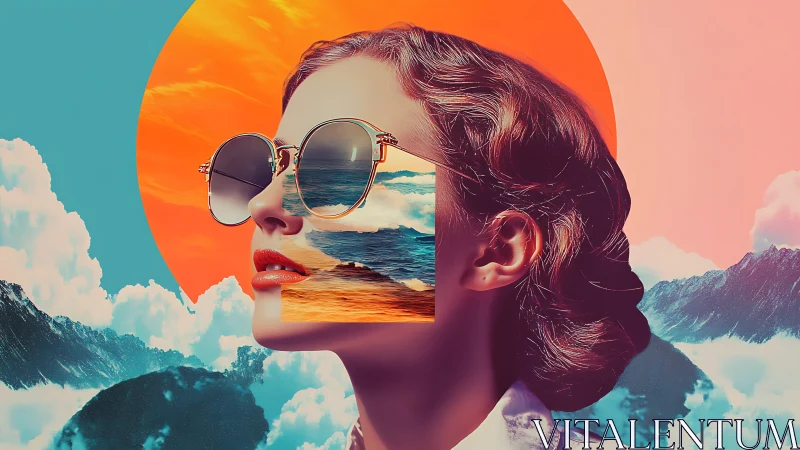 Surreal female portrait with seascape reflections in sunglasses.