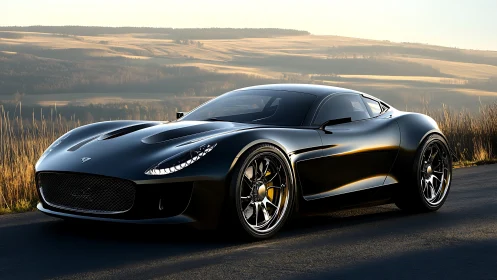 Black sports coupe parked on rural road at sunset light
