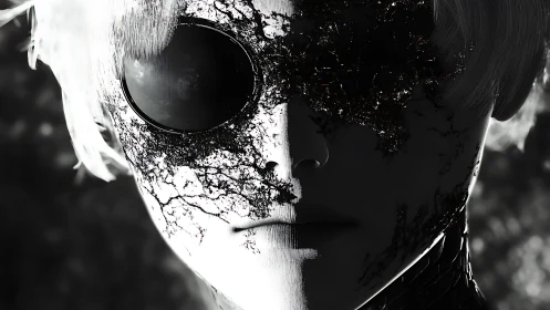 Monochrome android portrait merges organic fracture and void