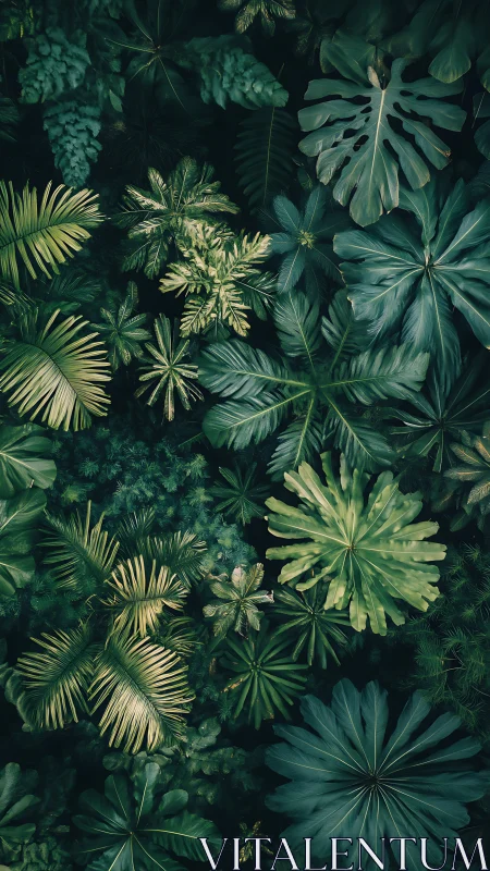 Dense overhead tropical foliage canopy with varied leaf morphology