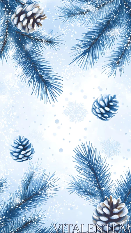 Snowy pine branches frame a serene winter background