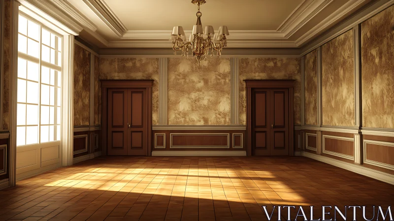 Sunlit neoclassical salon with twin doors and chandelier.