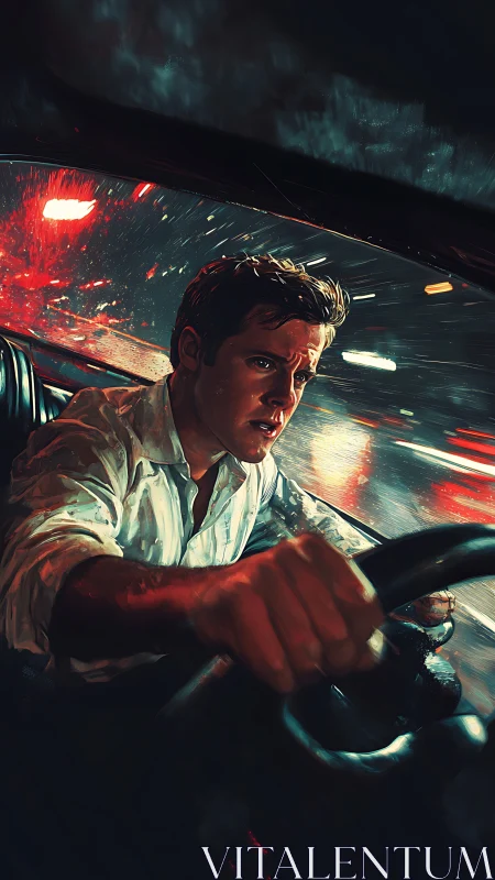 Midnight rainstorms chase a tense driver through neon streets