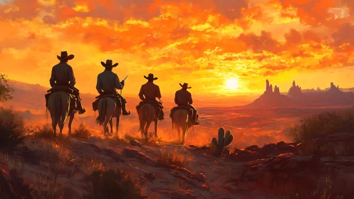 Quadrilateral cowboy convoy under stratified desert sunset.