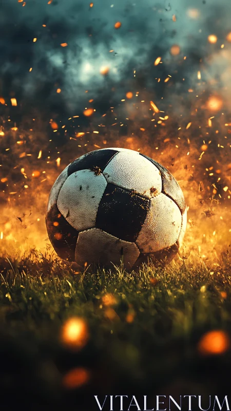 Weathered soccer ball ignites amid sparks and storm clouds.