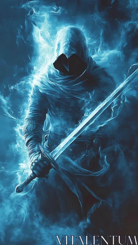 Hooded spectral swordsman is rendered in blue vaporous light