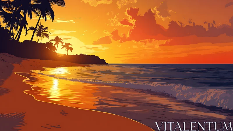 Digital painting of tropical shoreline at luminous sunset glow.