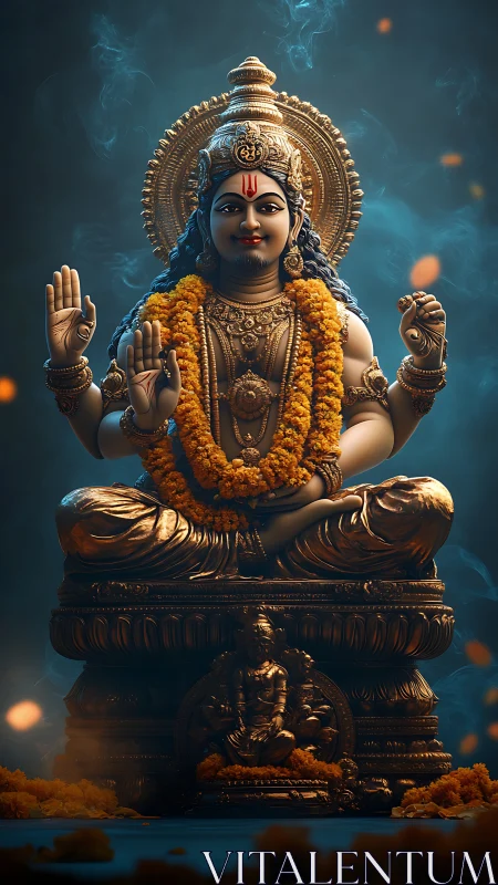 Golden serene deity in marigold garlands and soft smoke.