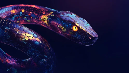 Neon cyber serpent coils through electric dusk and shadowed void.