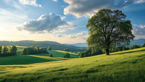 Lone broad tree stands on sunlit rolling green hillside