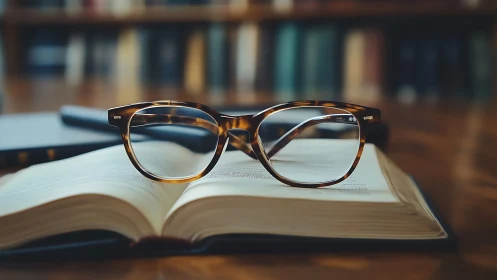 Tortoiseshell optical frame resting on open reference volume.