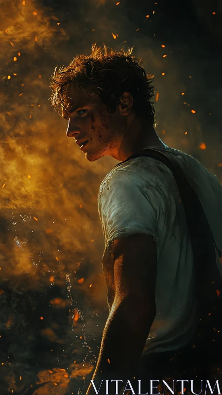 Young man stands in drifting embers and directional firelight