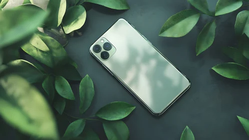 Smartphone rests among green leaves in soft natural light.