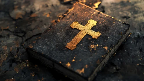 Worn religious book with gold cross on textured surface.