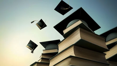 Graduation caps soaring above stacked books in a realistic style.