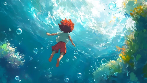 Child swims underwater toward bright surface light zone