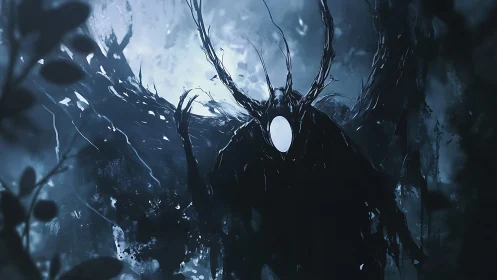 Midnight forest spirit with a glowing, masklike face.