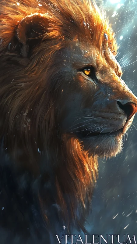 High contrast lion portrait with volumetric backlighting and dynamic fur