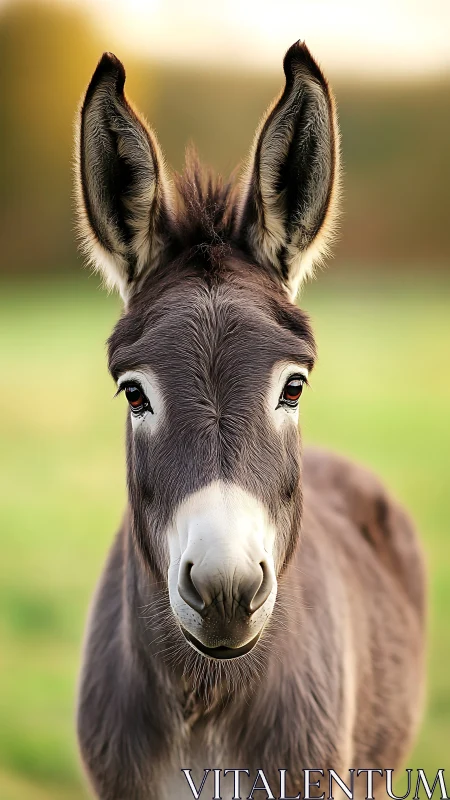Front-facing young donkey portrait in soft rural daylight