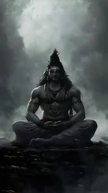 Divine yogi meditates in stormy, ethereal mountain silence