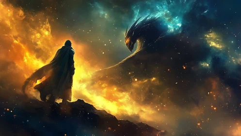 Epic cosmic confrontation with cloaked hero and astral dragon.