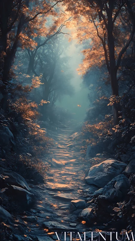 Misty Forest Stream Path Through Golden Canopy.